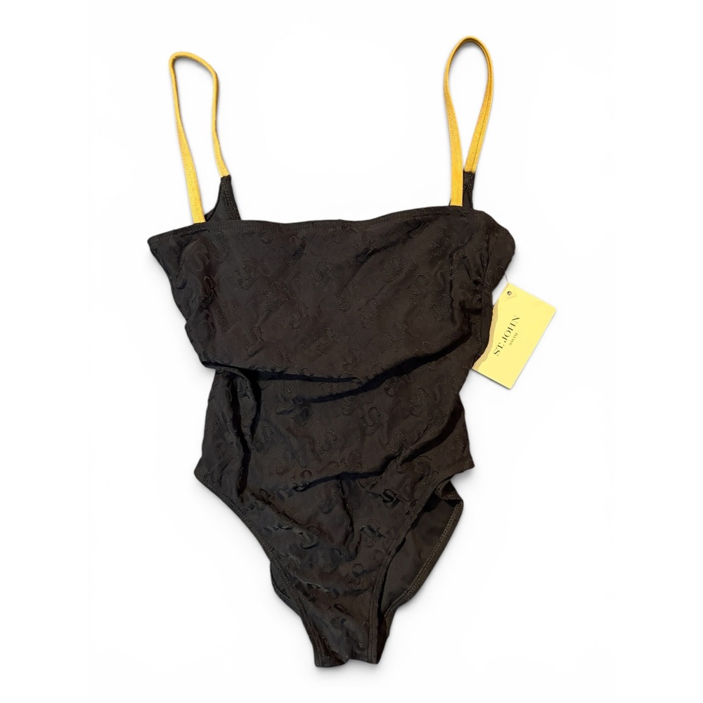 St John Swim Womens Black Logo Jacquard One Piece Swimsuit Gold Straps 8 NWT